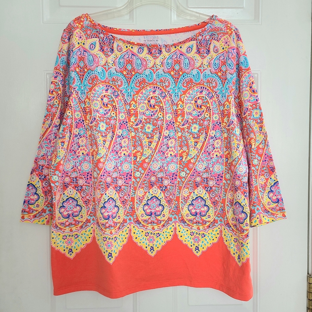 Talbots Multicolor Medallion Paisley Bateau Neck Tee 3/4 Sleeve T Shirt Top 1X